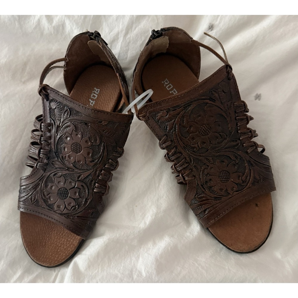 Roper Tobacco Brown Hand Tooled Leather Flat Sandals Size 8 Zip Up Back Western